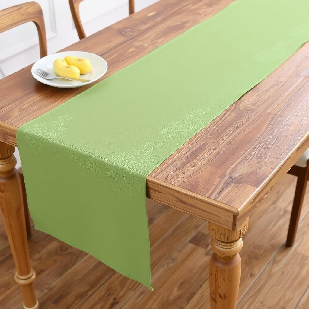 6pcs Moss Green Cheesecloth Table Runner Gauze 120 Inch displayed on rustic wooden table