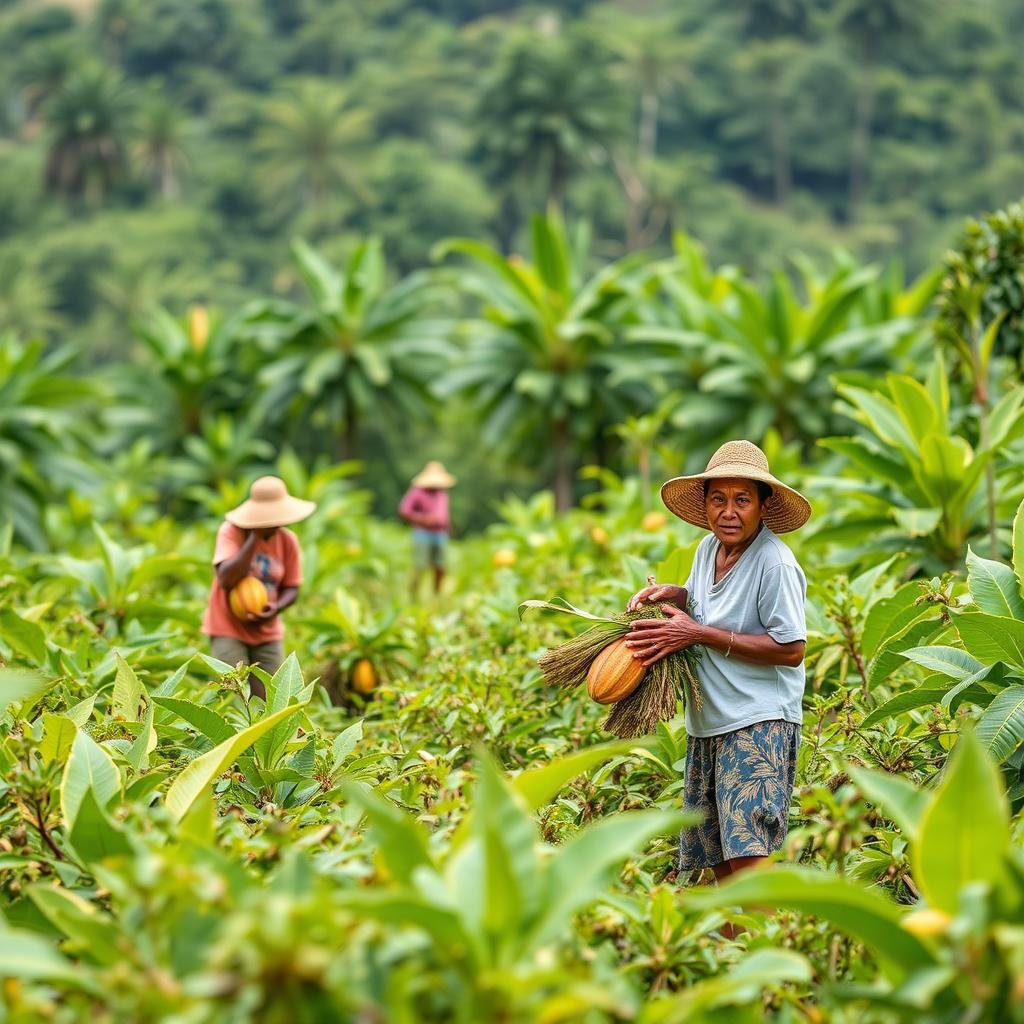 Cocoa farmers harvesting beans sustainably for Milky Chocolate Bar production.
