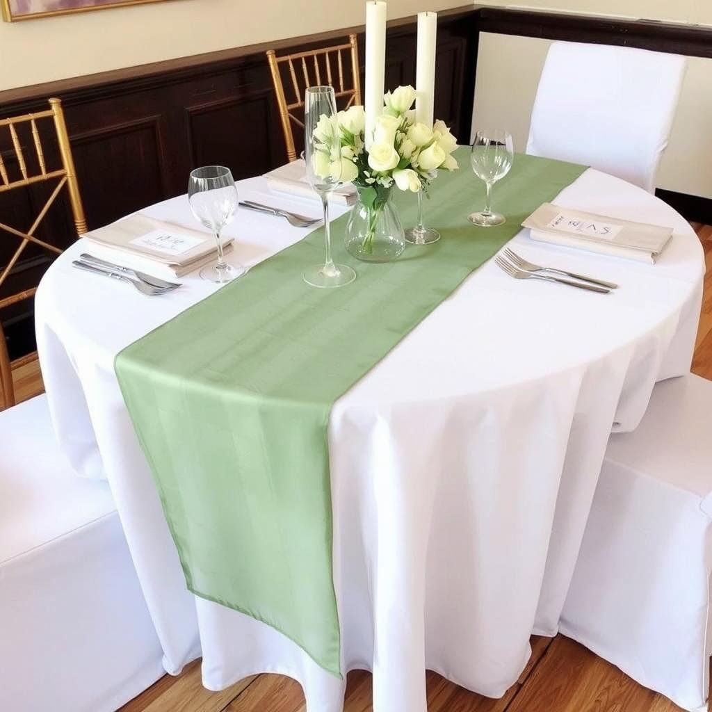 Elegant moss green gauze table runner 120 inch styled for wedding reception décor