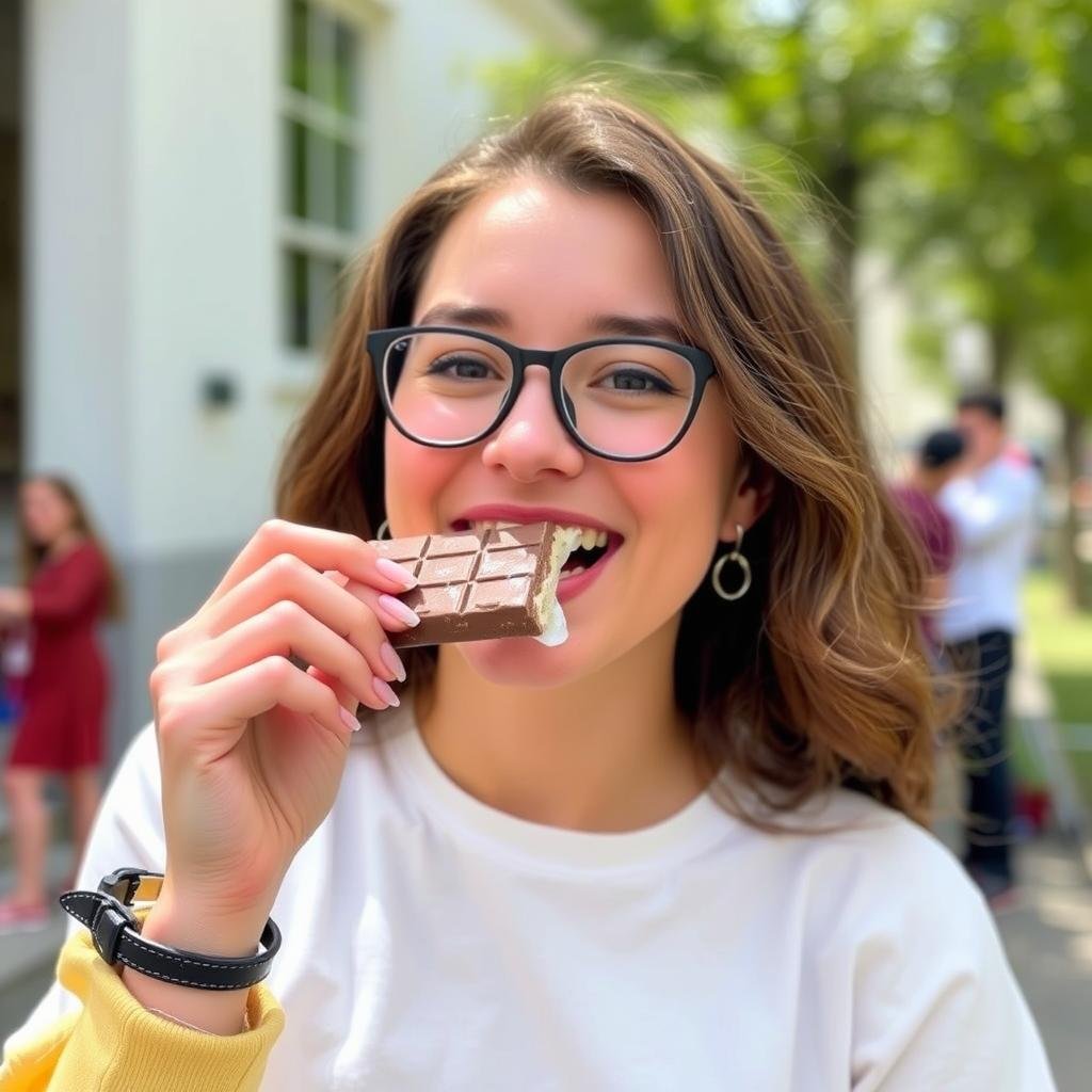 Happy person enjoying a Milky Chocolate Bar outdoors for a sweet mood boost.