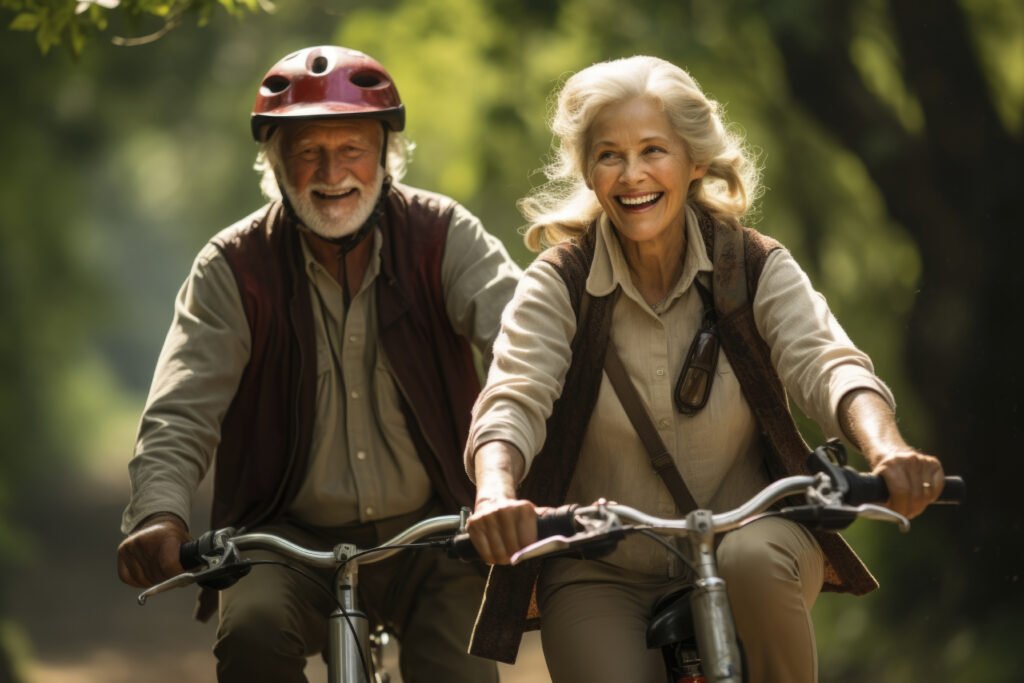 Happy senior couple hiking or biking outdoors