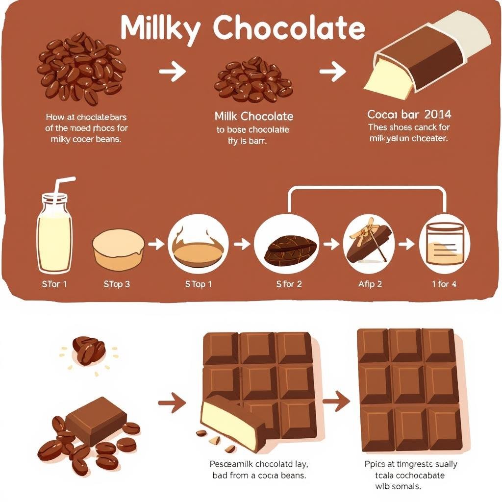 Illustrated process of how a Milky Chocolate Bar is made from cocoa beans to finished bar.