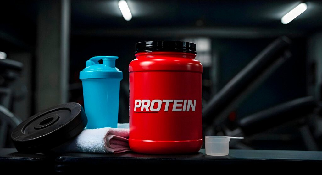 Optimum Nutrition Gold Standard Whey Protein tub with scoop of protein powder and shaker bottle on kitchen counter