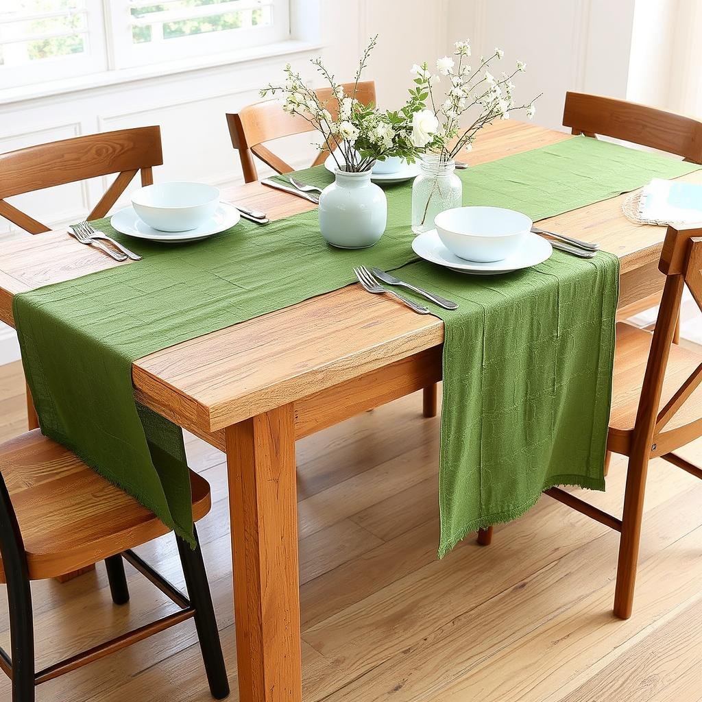 Rustic farmhouse table decorated with 6pcs moss green cheesecloth table runner gauze