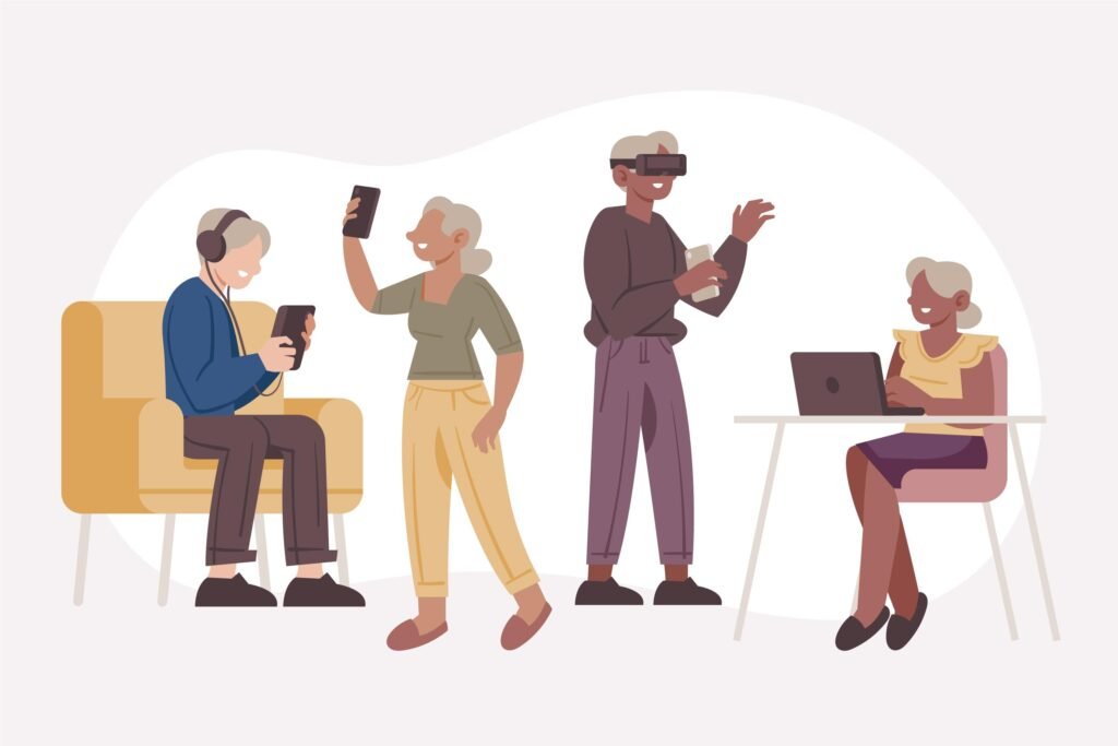 Illustration showing various CogniFit users such as students, professionals, and seniors engaging with brain training activities on devices