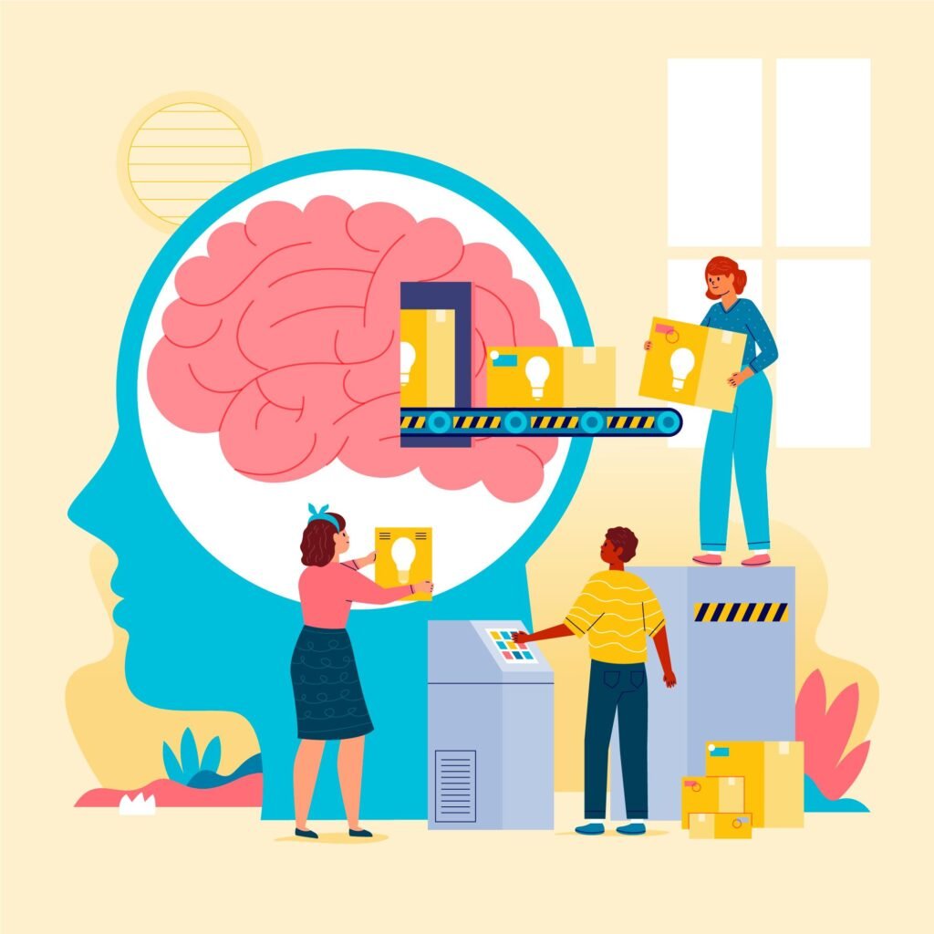 Illustration showing employees improving brain performance with AI-powered training tools like CogniFit.