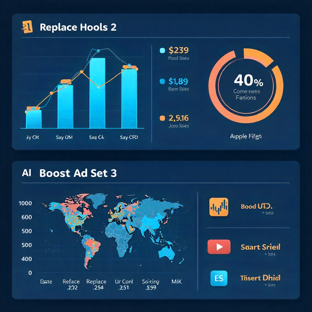 TikTok advertising dashboard showing performance metrics with AI suggestions to replace Hook 2 or boost Ad Set 3.