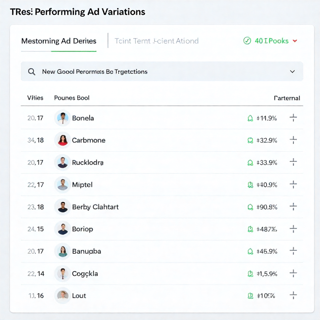 Screenshot mockup of AI suggesting top performing TikTok ad variations with performance metrics.