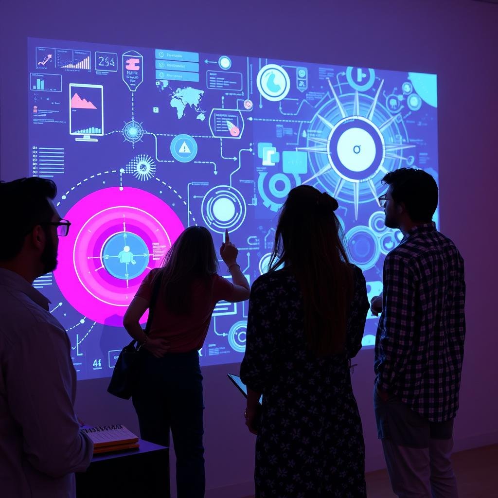 Group of designers brainstorming with AI-generated visuals on a large screen using OpenArt AI