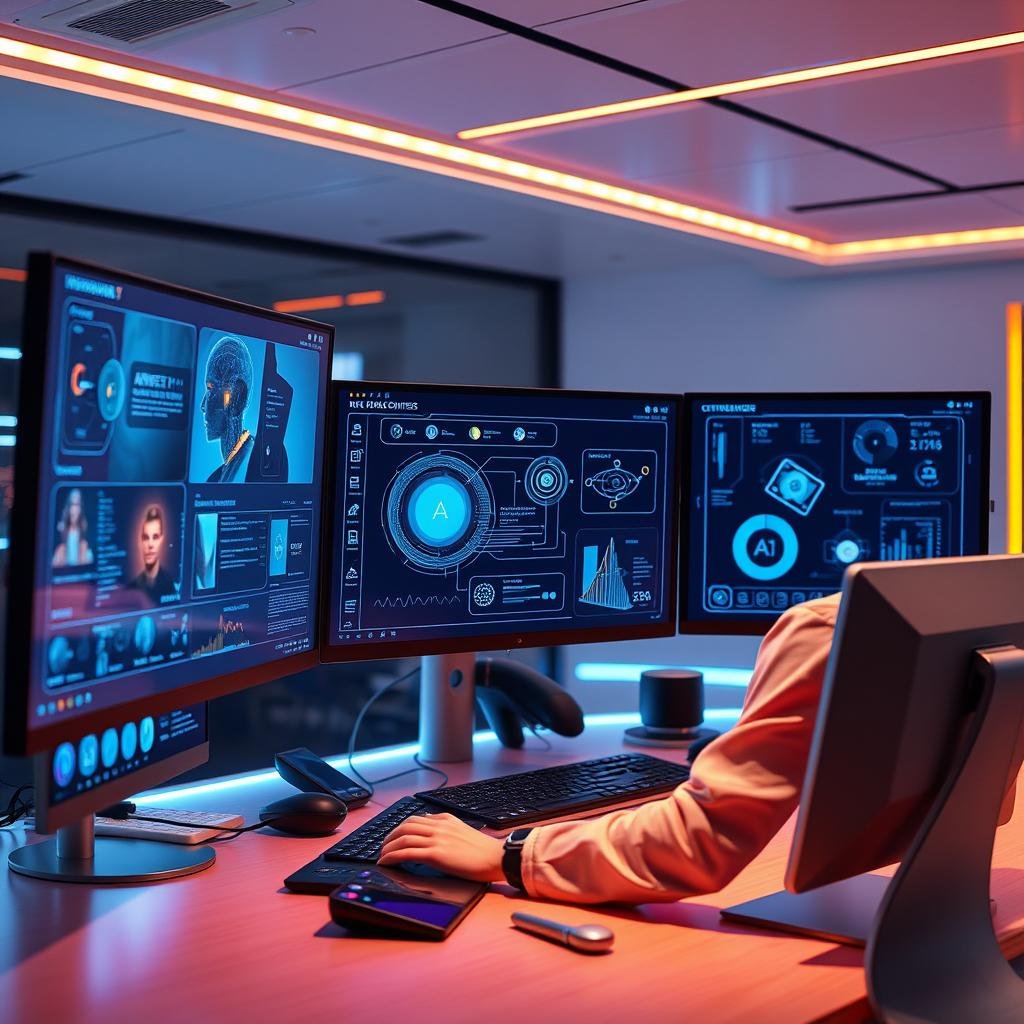 Designer using OpenArt AI platform on computer screens to create visual designs – futuristic digital workspace, 2025