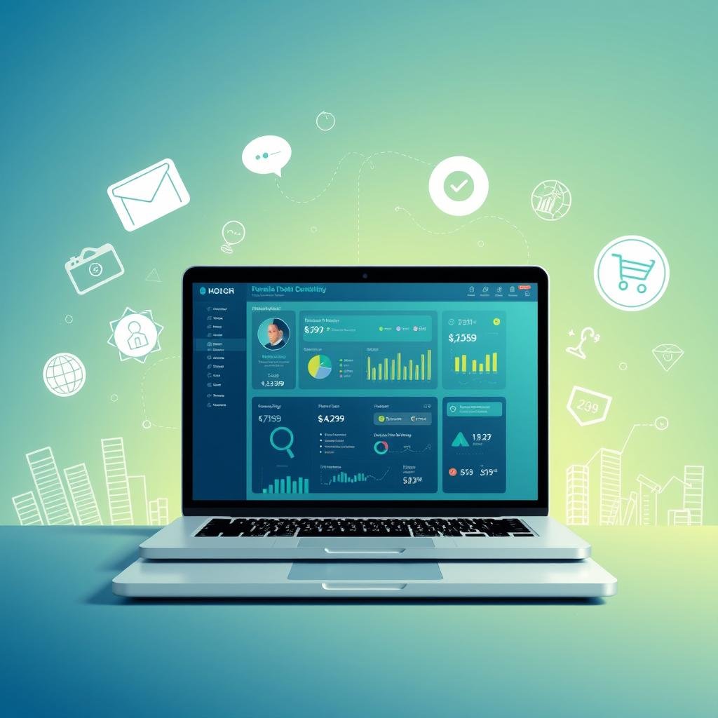 Entrepreneur working on a laptop with digital marketing icons — representing the Digital Product Blueprint online business system.