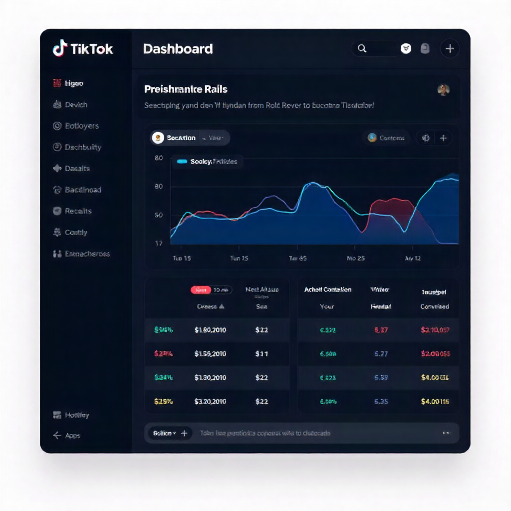TikTok ads dashboard analytics showing engagement growth, increasing ad spend, and improved conversion metrics over time.