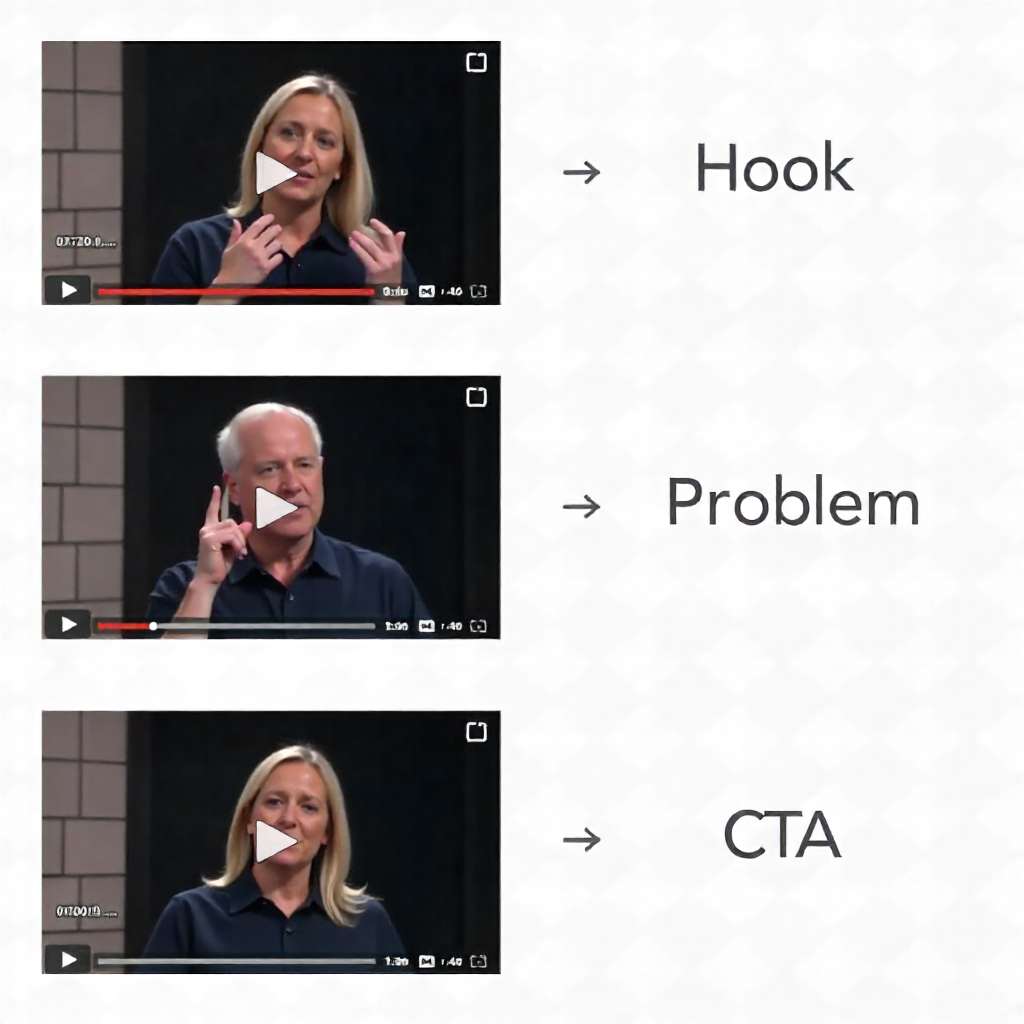 TikTok video frames labeled Hook, Problem, Solution, and CTA demonstrating effective ad storytelling structure.