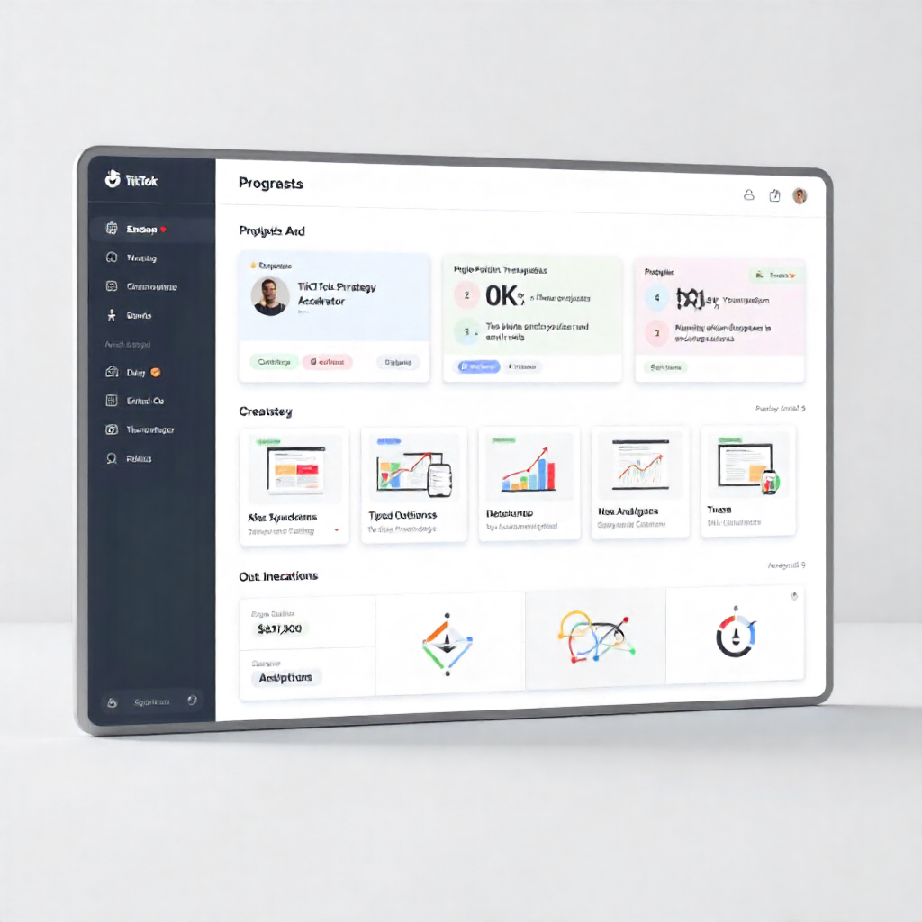 Clean product mockup of the TikTok Ad Strategy Accelerator dashboard with progress tracker, ad templates, and analytics overview
