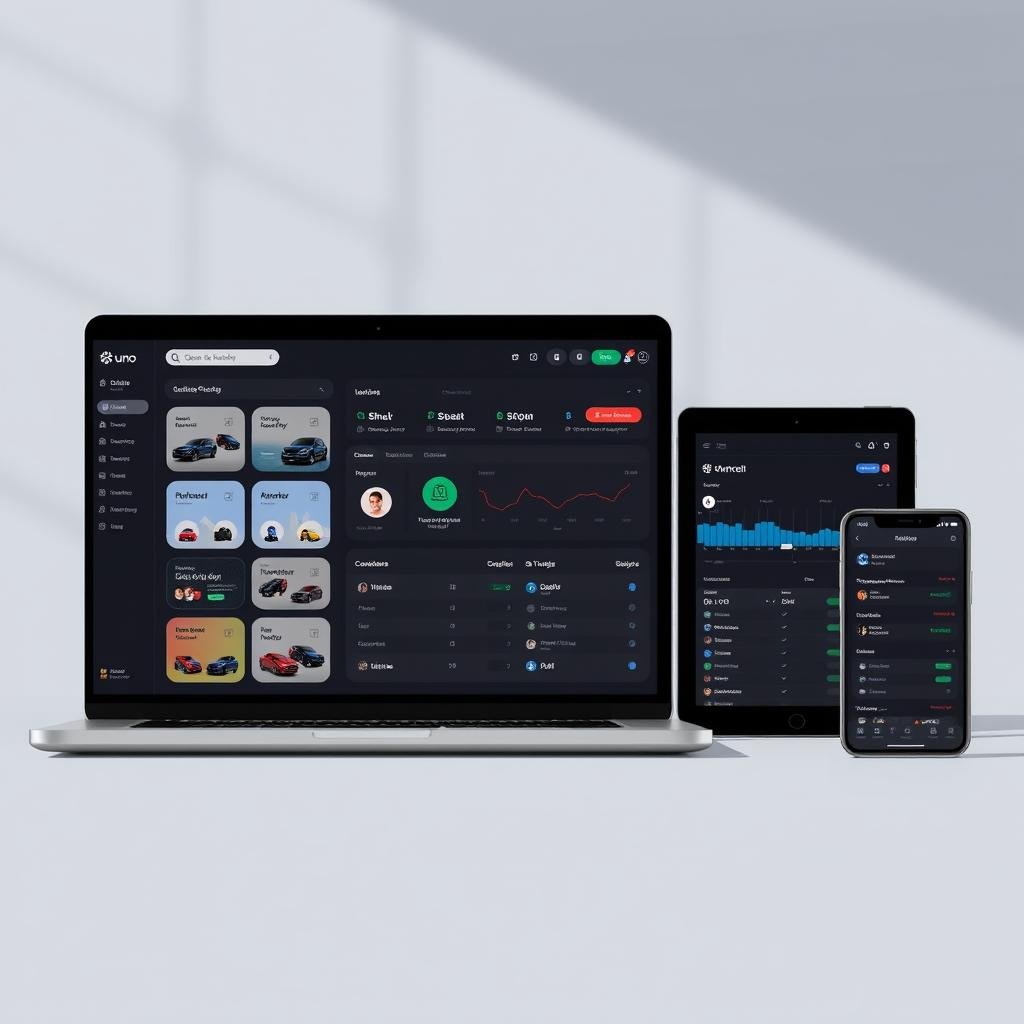Uno Directory dashboard UI on laptop, tablet, and smartphone showcasing modern dark and light mode design.