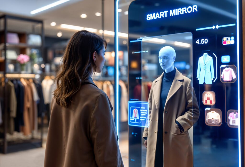 Woman using virtual fitting room on laptop – Abera digital fashion experience 2025