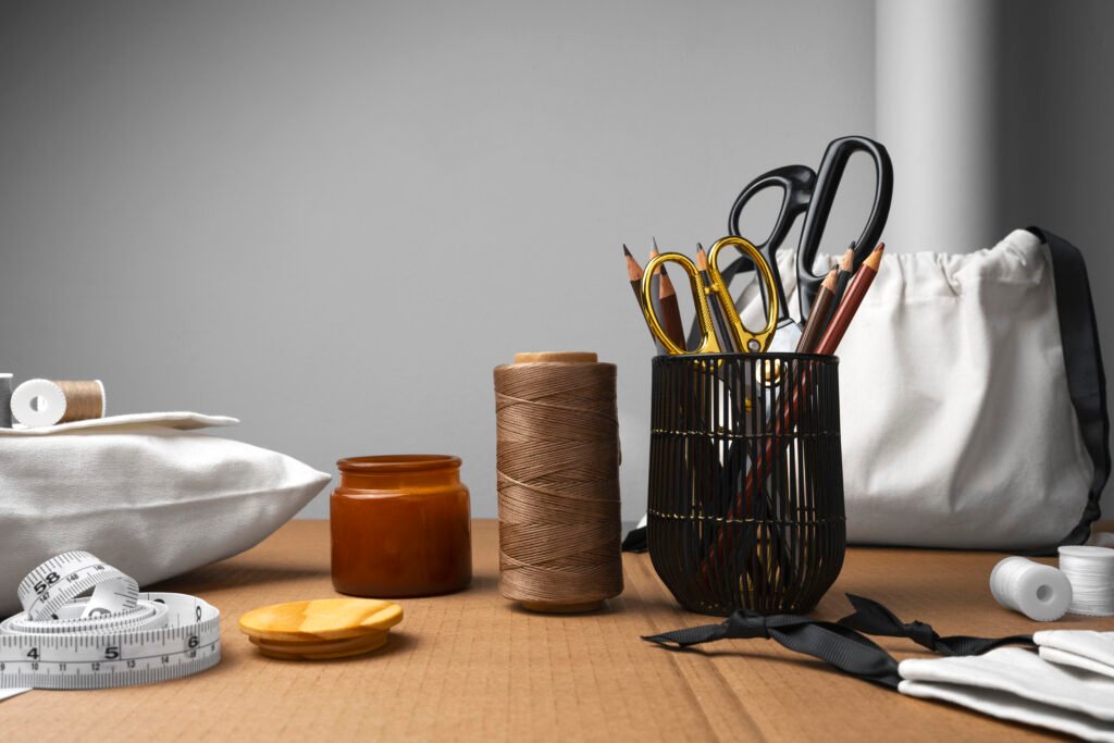 Portrait of Abera design studio workspace featuring clean lines, natural fabrics, and neutral colors