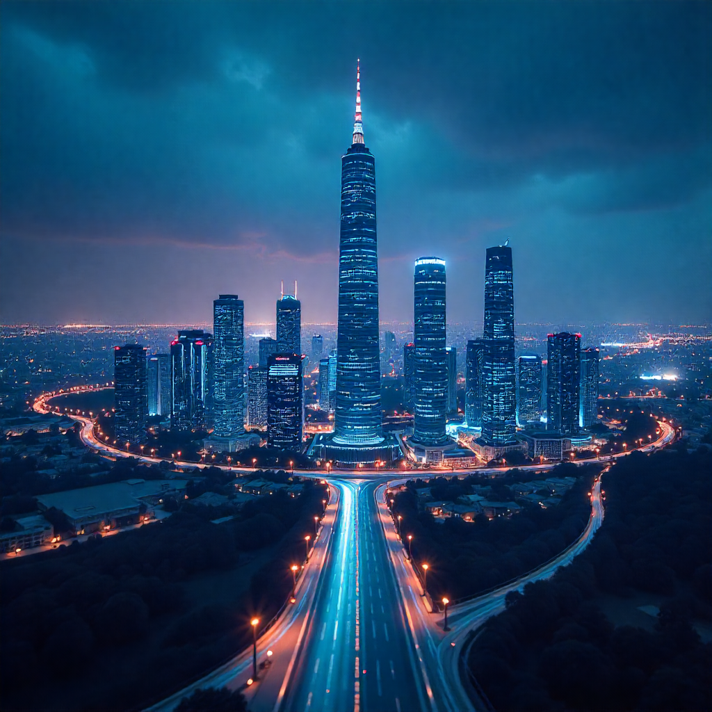 Futuristic AI-powered city skyline symbolizing innovation and the future of Uno Directory web templates.