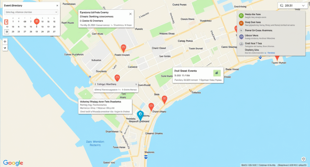 Uno Directory event calendar interface with upcoming events and interactive map view.