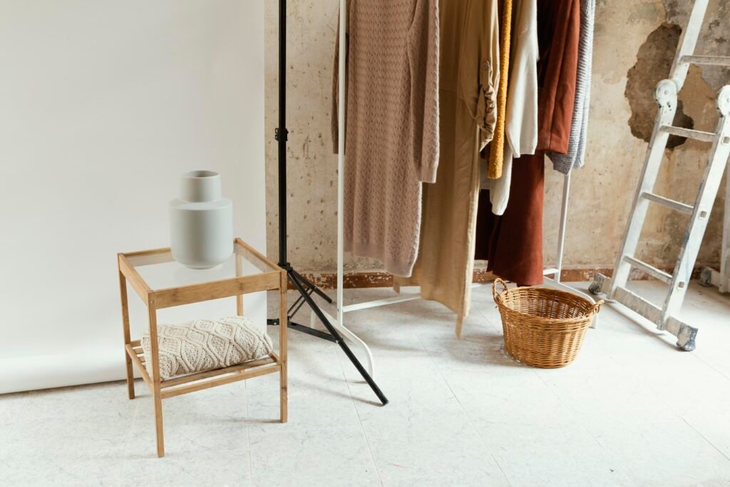 Calm minimalist wardrobe scene symbolizing Abera’s timeless and sustainable fashion vision.