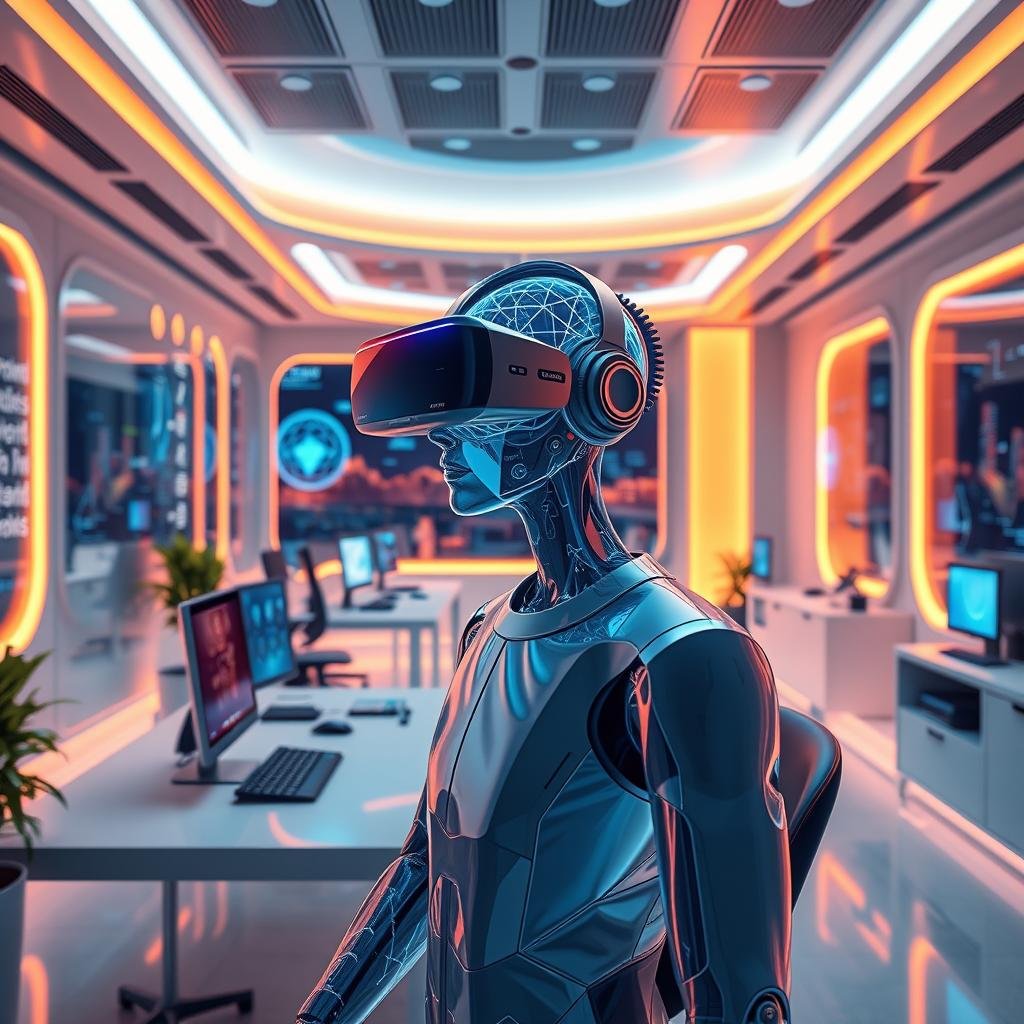 Futuristic workplace scene showing employees using AI and VR for cognitive performance enhancement