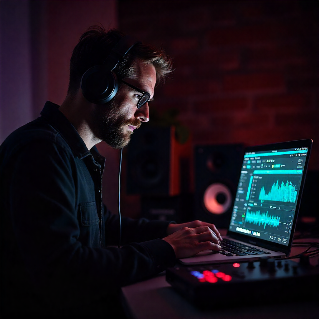 Music producer using AI music software on a laptop with headphones, creating digital beats on a modern interface.