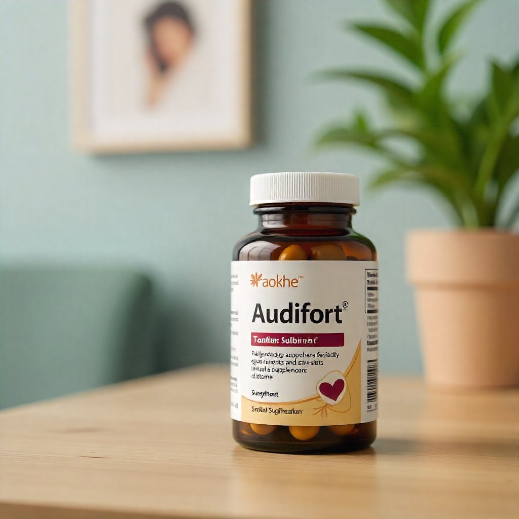 Audifort supplement bottle on a table with ear health concept icons