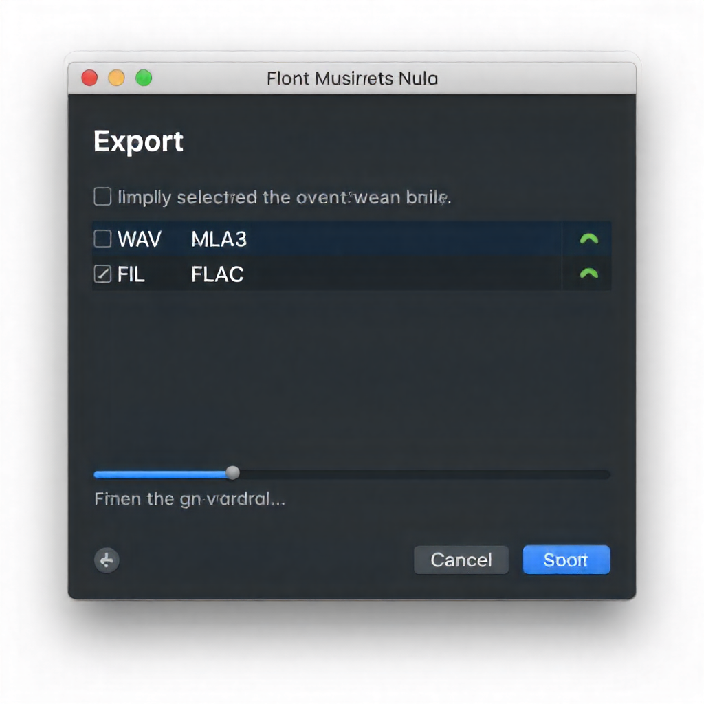 Export window displaying MP3, WAV, and FLAC file format options for saving audio.