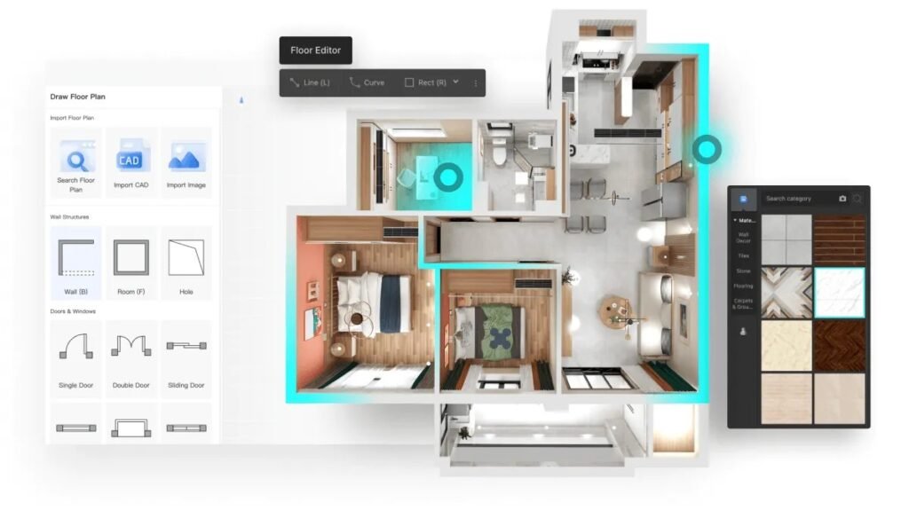 Coohom interior design software interface showing modern living room and kitchen 3D renders