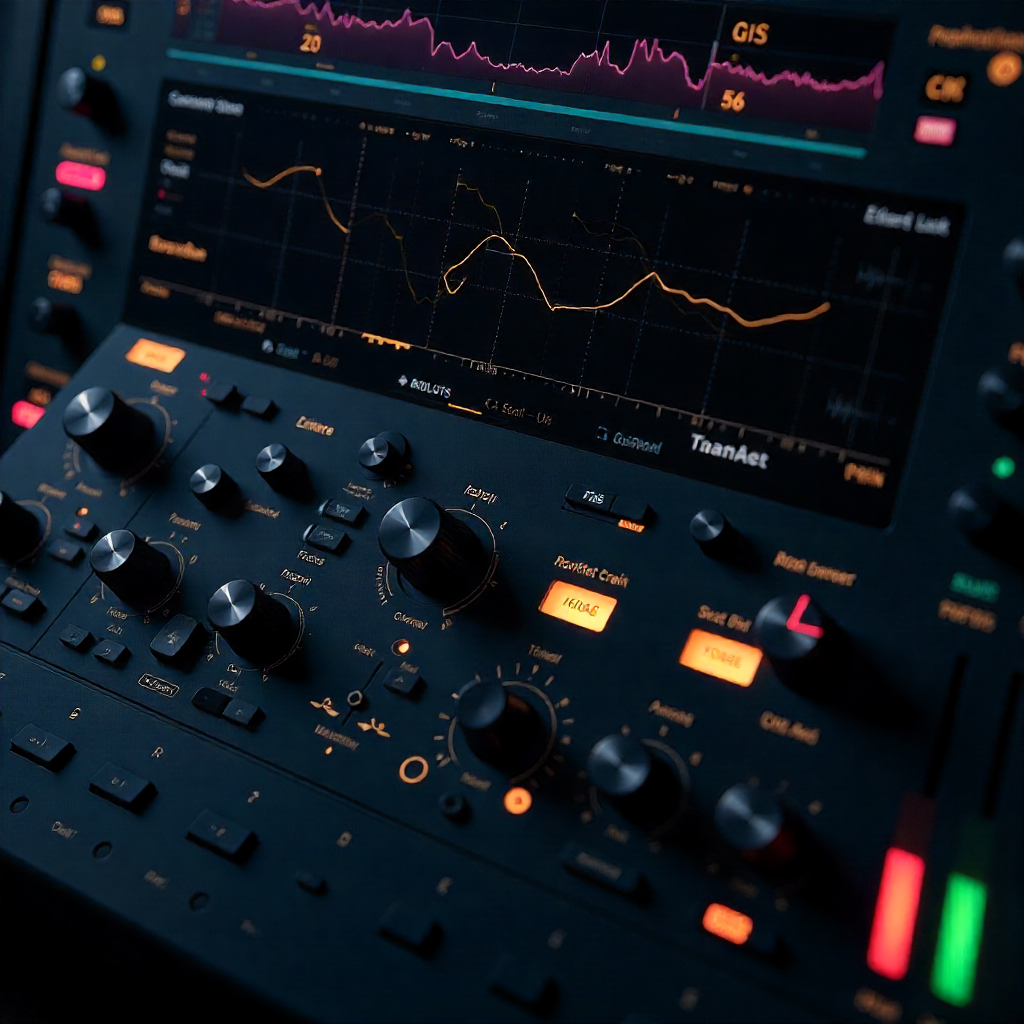DAW interface with an AI mastering plugin activated, showing audio tracks, meters, and automated mastering controls.