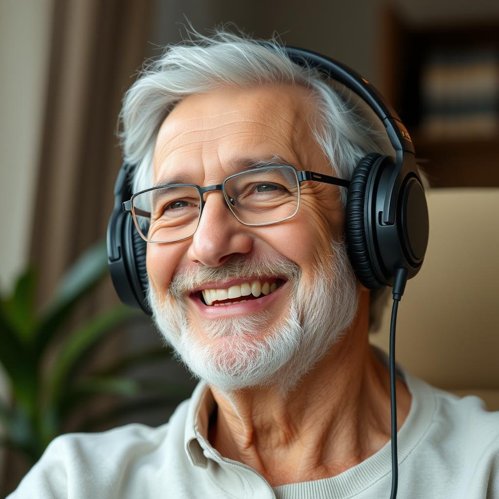Happy older adult smiling while wearing headphones clearly and comfortably