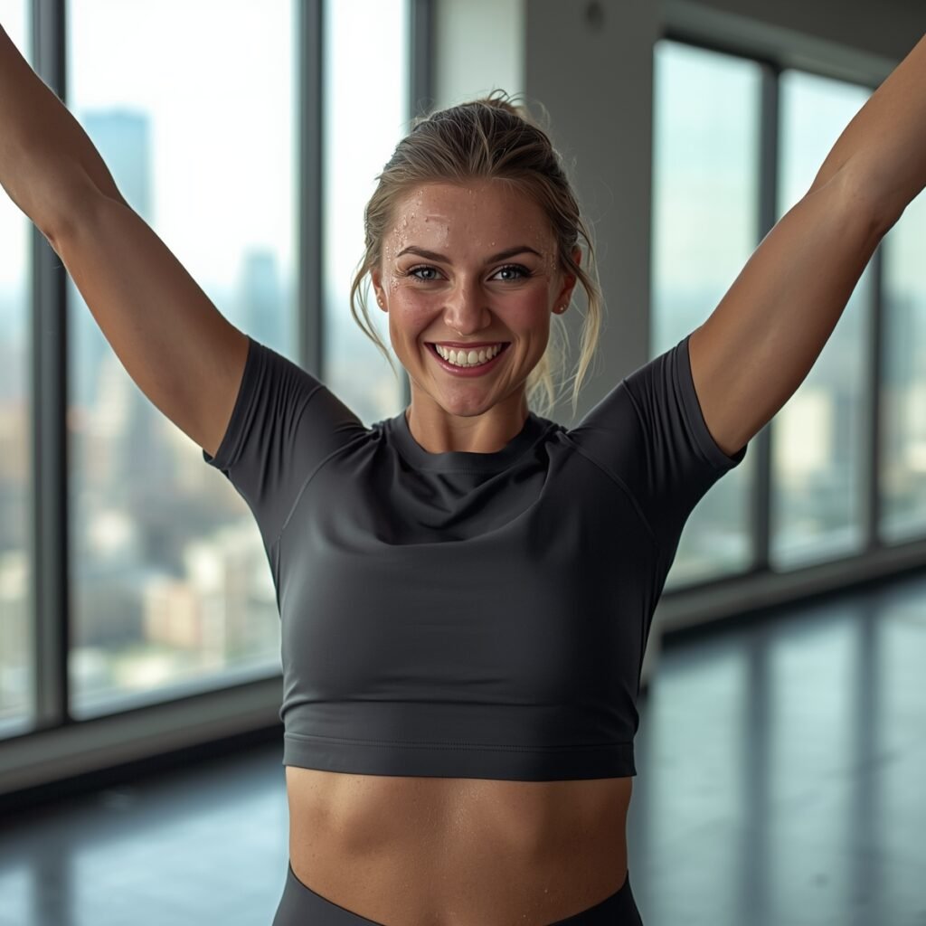 Happy person after completing a Fitness Videos Pack workout, showing energy and vitality