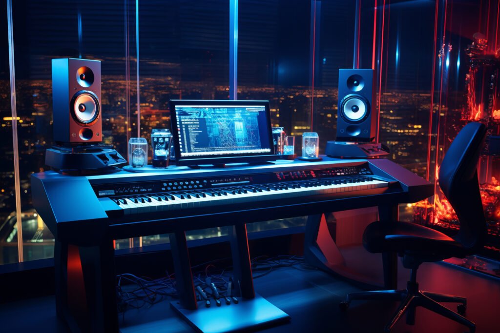 Desktop setup with a music producer opening the AI Music Pack on a laptop, surrounded by studio gear and headphones.