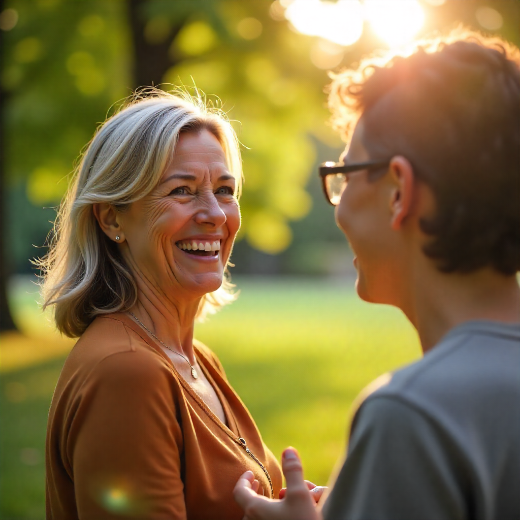 Person happily socializing after auditory clarity improvement