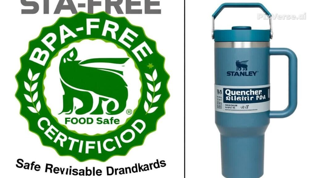 BPA-free and food-safe certification graphic for STANLEY Quencher showing safe reusable drinkware standards
