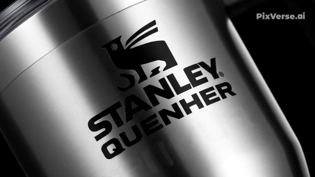 Close-up view of STANLEY Quencher showing stainless steel texture, logo detail, and premium insulated tumbler design