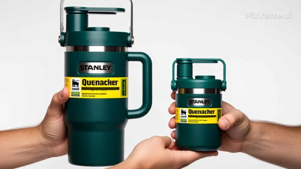 Large versus small STANLEY Quencher shown in hand to highlight size difference and portability