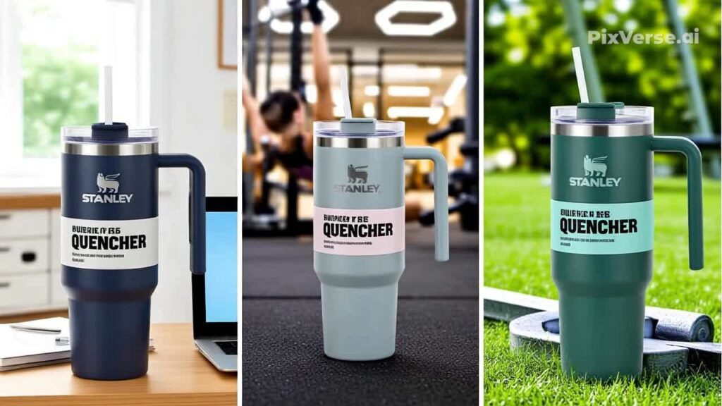 STANLEY Quencher insulated tumbler displayed in a lifestyle setting with office, gym, and outdoor elements highlighting versatile daily use