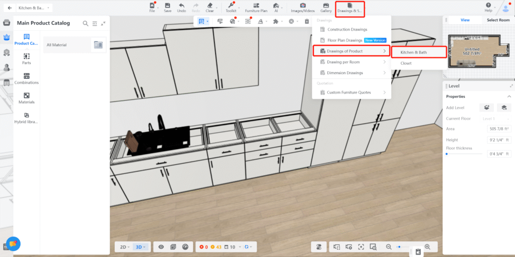 Coohom section view tool showing architectural cut view and floor plan recognition