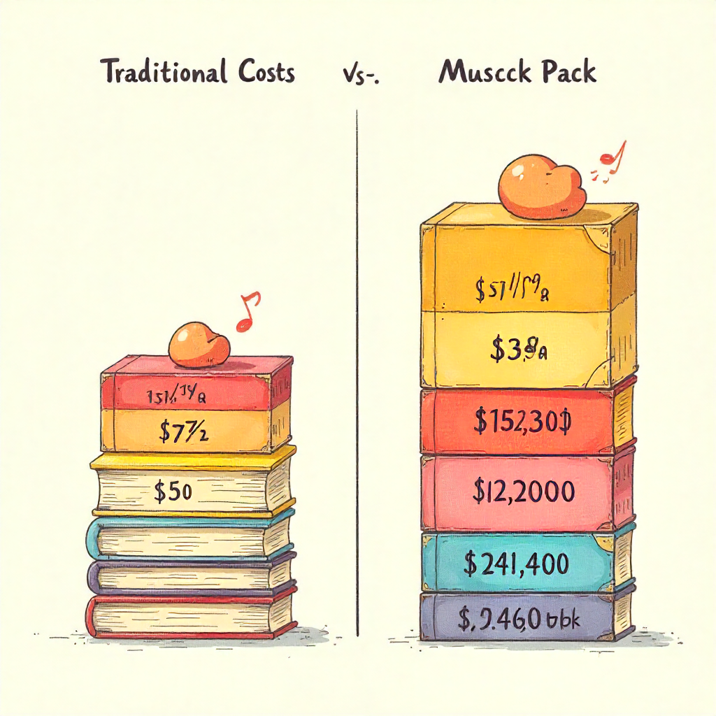 Comparison chart showing traditional music studio production costs versus the affordability of AI Music Pack