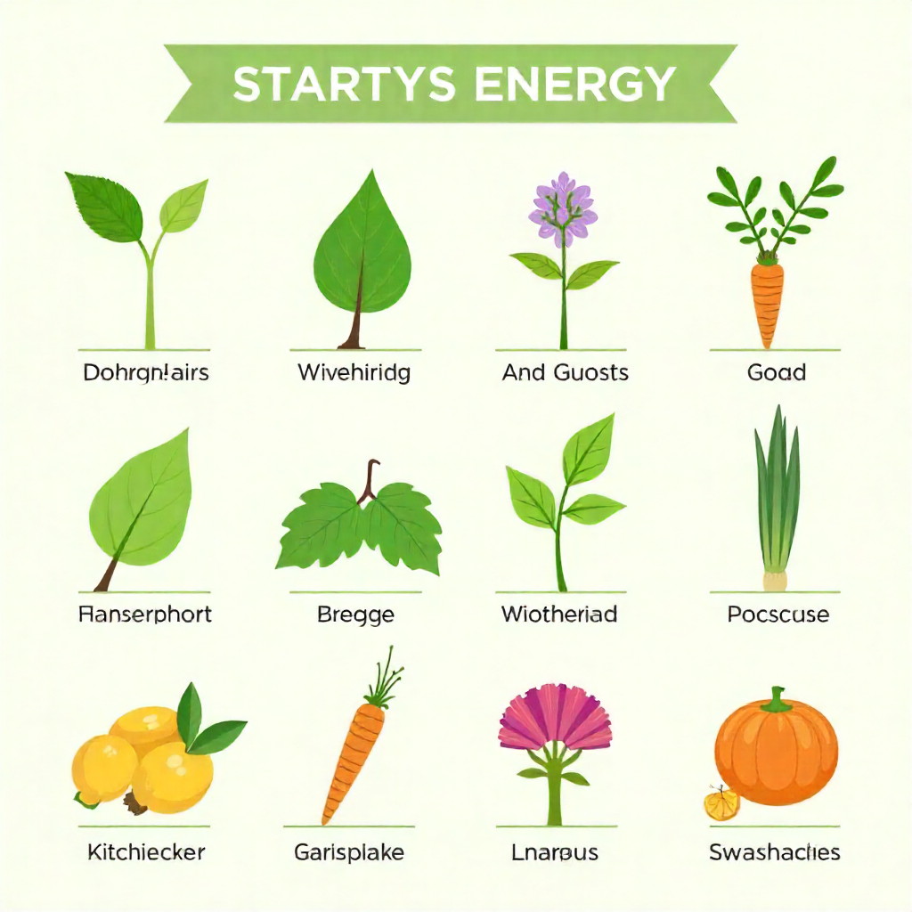 Illustration of natural plant ingredients labeled with their muscle-building and energy-boosting benefits.
