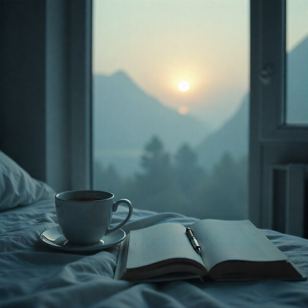 Calm minimalist morning ritual with tea, journaling, and sunrise, representing mindfulness and intentional living with OurRitual.