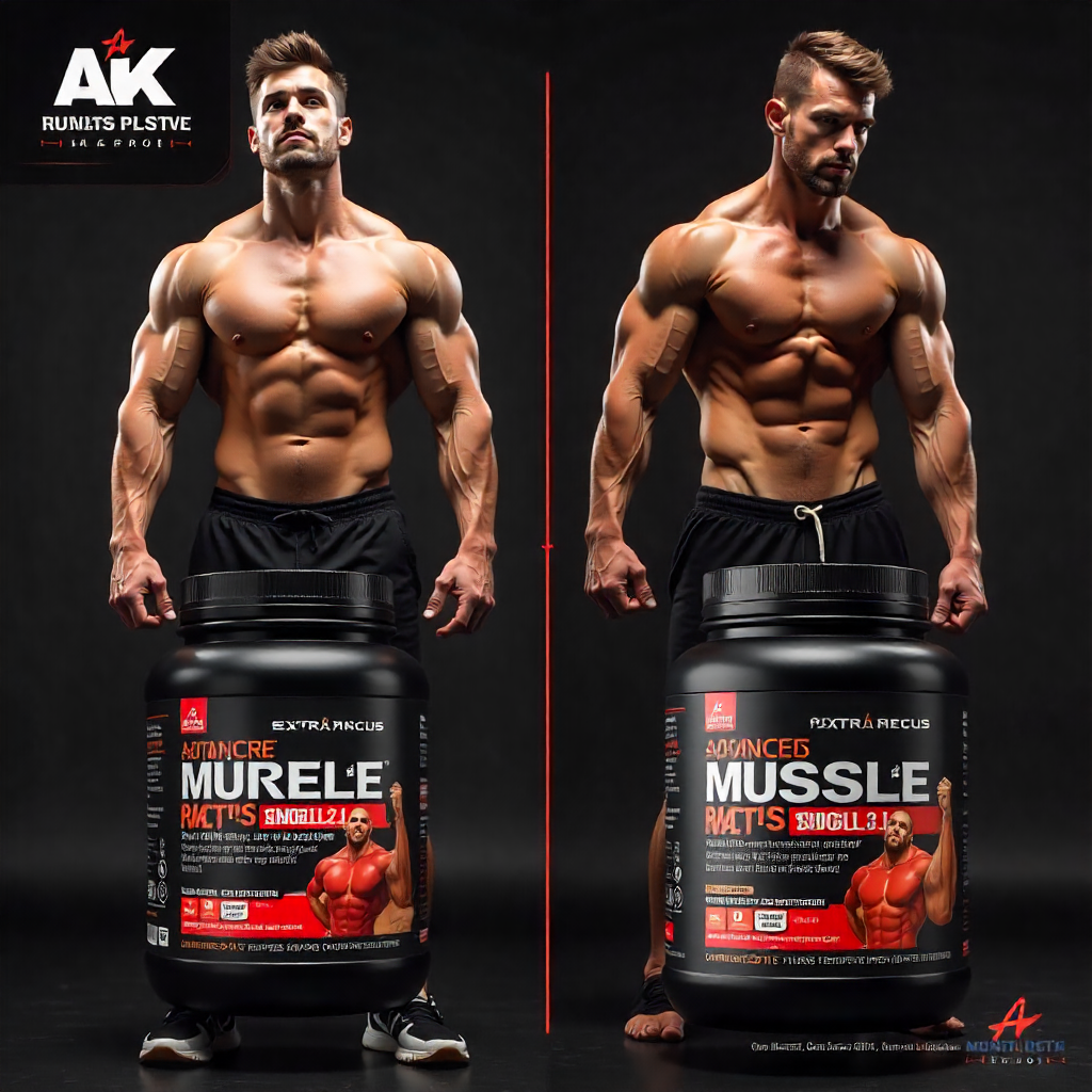 Inspirational fitness visual featuring Advanced Muscle Plus prominently, showcasing muscle transformation, strength, and peak physical performance.