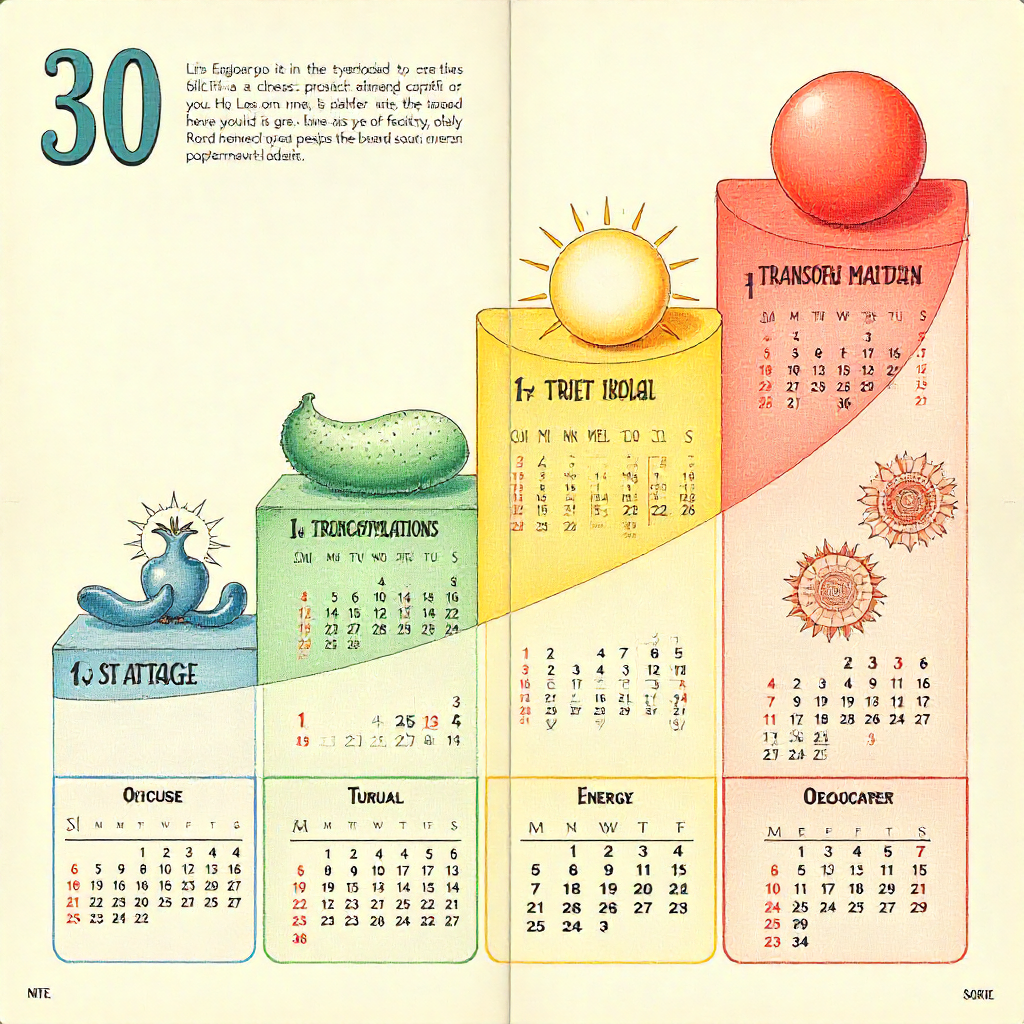 A 30-day calendar graphic illustrating progression from fatigue to energy, balance, and transformation, highlighting the journey of The 30-Day Metabolic Reset.