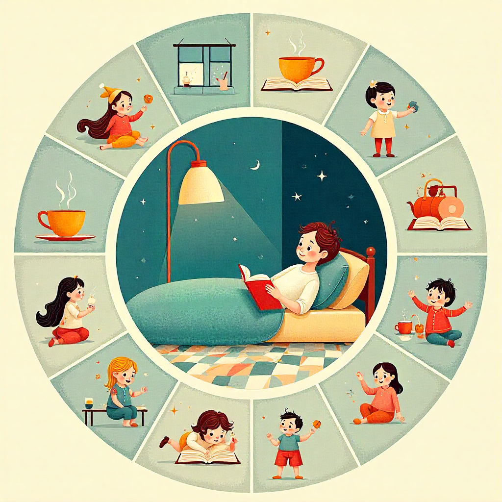 Circular infographic summarizing Pajama Diet daily routine: morning rituals, midday meals, movement, relaxation, and nighttime habits