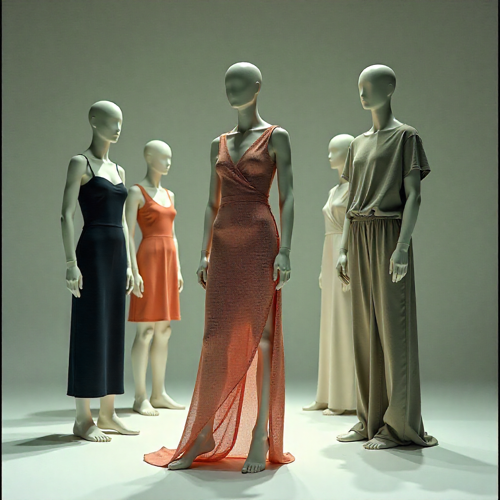 Eco-friendly algae-based fabrics and fibers displayed in sustainable fashion designs, showcasing biodegradable textile materials.