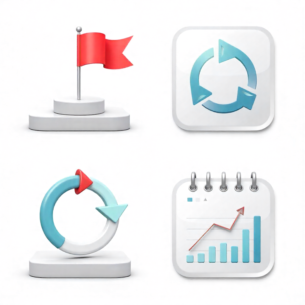 Set of minimalist icons representing goals, practice cycles, problem uploading, graphing tools, and weekly review tracking