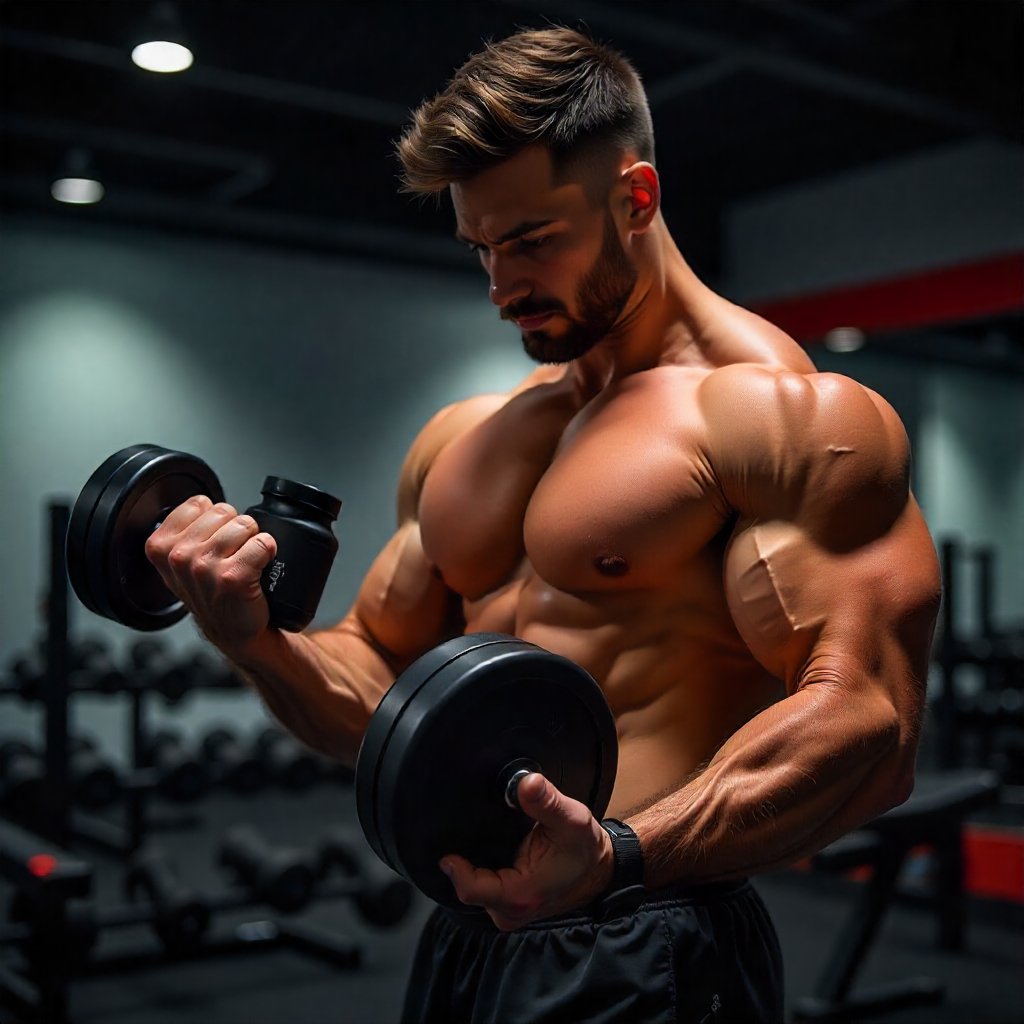 Muscular athlete holding a dumbbell in a gym with a glowing bottle of Advanced Muscle Plus supplement in the background.