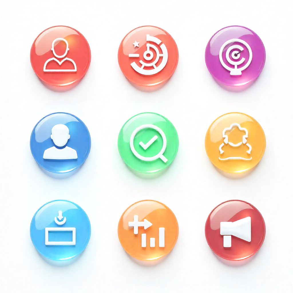 Icon set or mini infographic illustrating key e-commerce metrics: High Average Order Value (AOV), Targeted Audience, Recurring Revenue, and High Conversion.