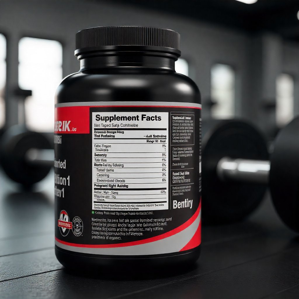 Advanced Muscle Plus bottle with supplement facts overlay in a gym setting surrounded by dumbbells and workout equipment.